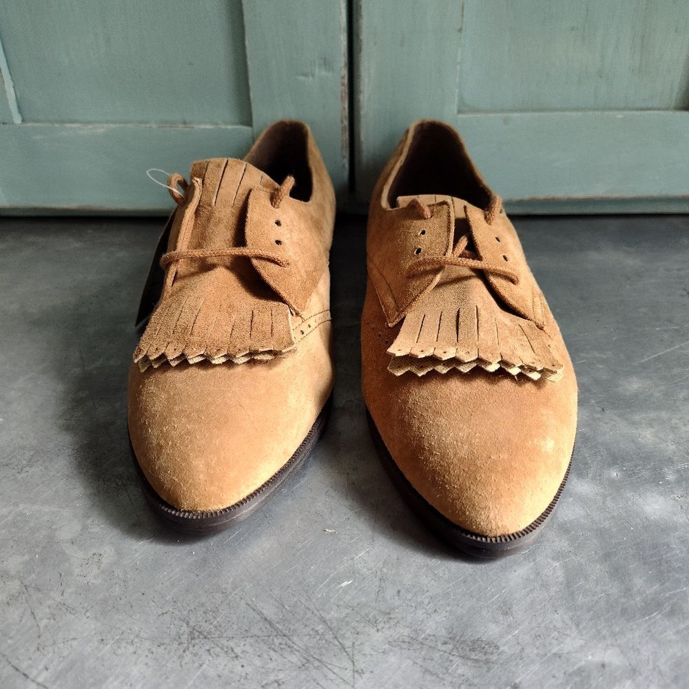 The Leather Collection Shoes Womens 8.5 Suede Lace Up Fringe Tan NEW Old Stock - Picture 5 of 9